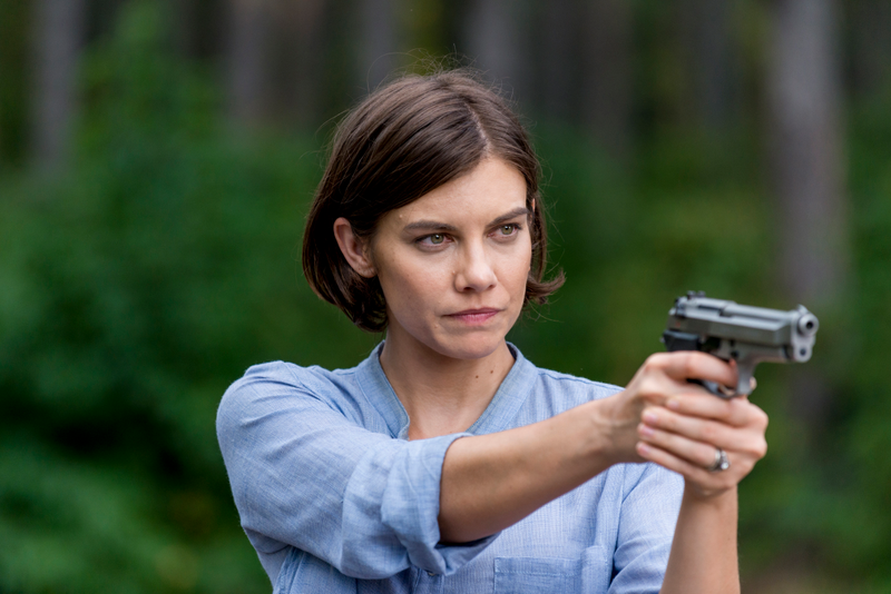 Maggie (Lauren Cohen), seen pointing a gun at a new character AMC didn’t bother to provide a photo of.
